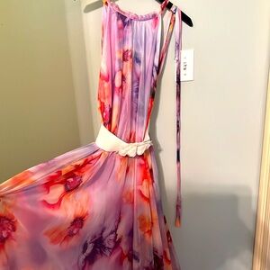 long floral boho flowy sheer dress double layered with flower belt and straps